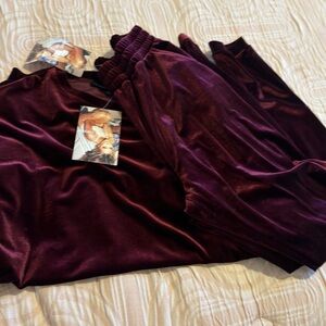 Naked Wardrobe Velvet Two-Piece Lounge Set in Deep Plum